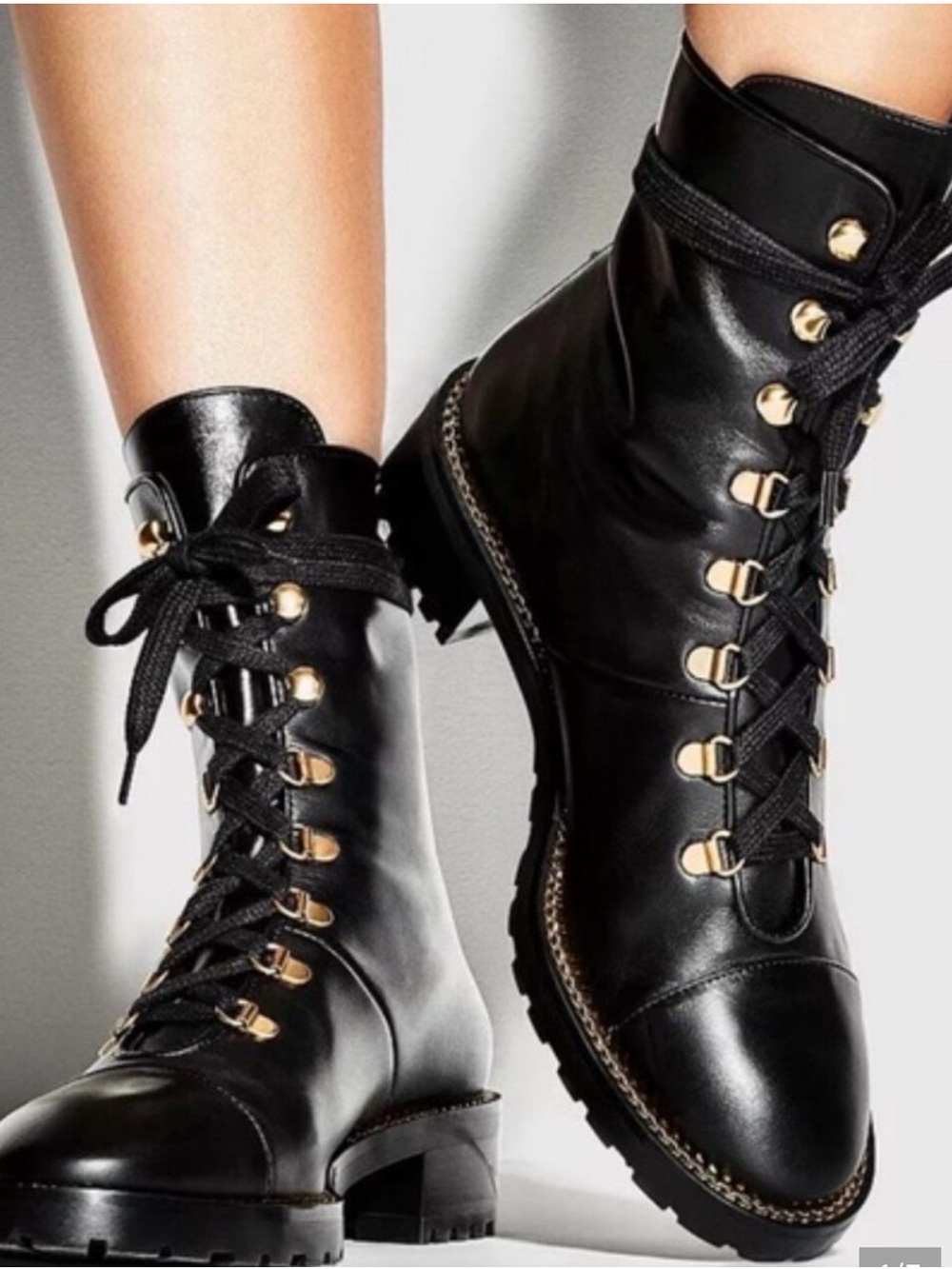 Brand new Stuart Weitzman Black Leather Lace-Up Combat Boots with Gold Hardware - Picture 7 of 9